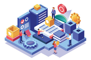 Fototapeta premium A colorful isometric illustration depicts various activities related to ISO certification in an office environment, Iso certification Customizable Isometric Illustration