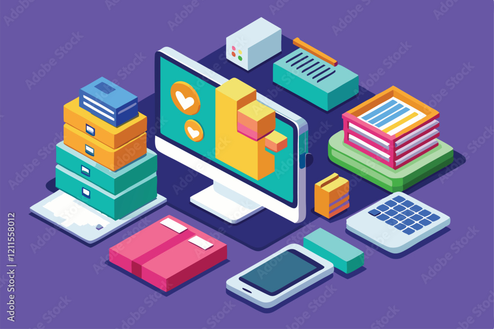 Aufkleber the illustration features a dynamic workspace highlighting file uploads with colorful digital tools 