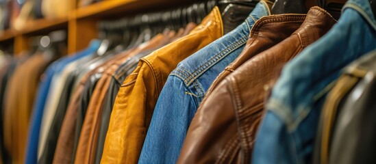 Stylish leather jackets and blue jeans displayed prominently on hangers in a modern urban western wear clothing store with warm wood tones.