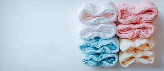 Neatly stacked diapers in pastel pink, blue, white, and cream on a clean light background emphasizing organization and practicality in childcare.