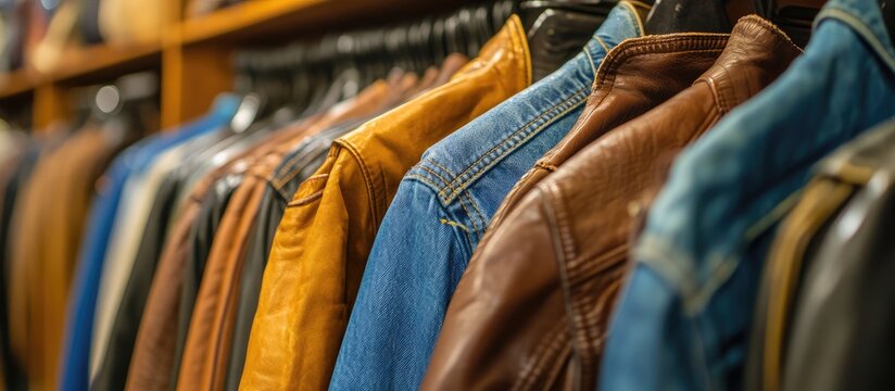 Stylish leather jackets and blue jeans displayed prominently on hangers in a modern urban western wear clothing store with warm wood tones.