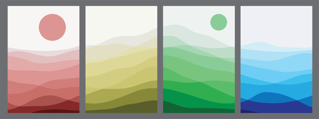 Set of creative abstract mountain landscape and mountain range backgrounds.Mid century modern vector illustrations with hand drawn mountains,sea or lake,sky,sun and moon.Trendy