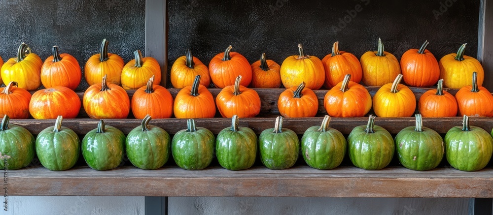 Aufkleber vibrant display of orange and green pumpkins arranged in two rows on a wooden shelf highlighting sea