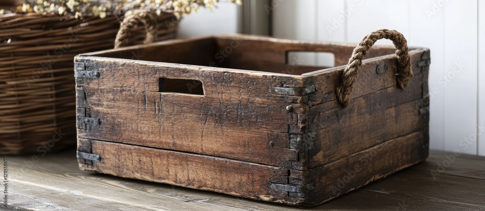 Poster rustic wooden crate with unique textures and craftsmanship placed on a wooden surface with soft natu