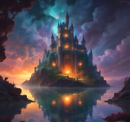 Illustration of glowing mystery tower castle in night.