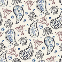 Seamless pattern with hand drawn inky Paisley, roses and luna moths on beige background. Doodle mughal designs with sketchy butterflies and flowers repeat background.