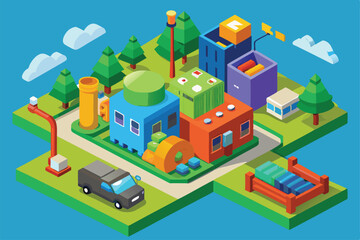 A vibrant illustration of a modern recycling center with colorful structures and eco-friendly features, Isometric recycling concept,
