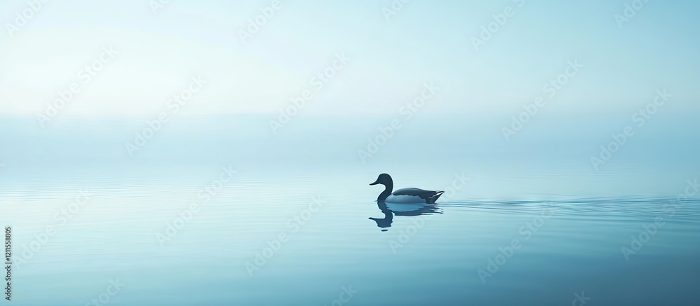 Poster tranquil scene of a single duck gliding on calm blue waters with soft reflections creating a serene 
