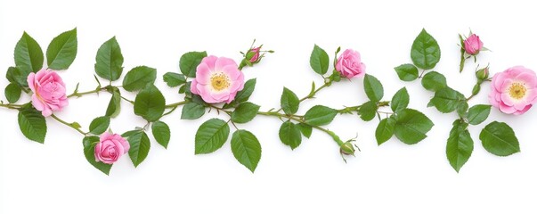 Pink rose vine isolated on white background.