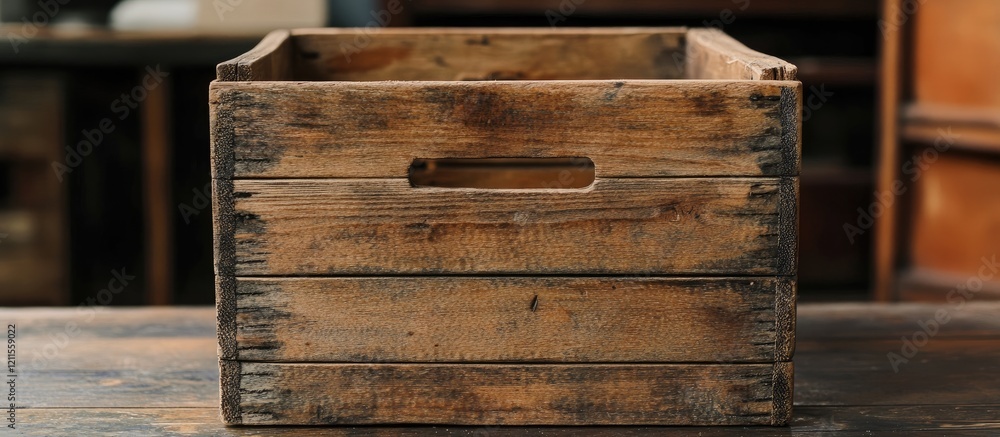 Poster rustic wooden crate with unique textures and craftsmanship positioned on a tabletop highlighting ear