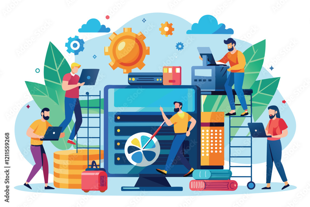 Poster technicians work on repairing and maintaining storage systems in a collaborative tech environment, i