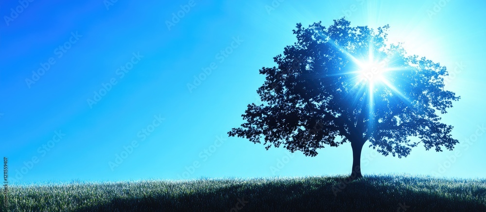 Poster silhouette of a large leafy tree on a green hill against a bright blue sky with sunlight creating a 