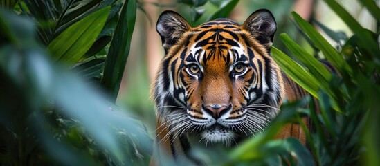 Majestic tiger gazing through lush green foliage with vibrant orange and black stripes highlighted by soft natural light creating a surreal atmosphere