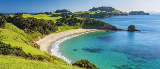 Naklejka premium Tranquil bay at a stunning coastline with sandy beach and vibrant green hills under a clear blue sky ideal for sunbathing and swimming