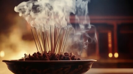 Lighting incense sticks in a bowl, A cherished tradition of Chinese New Year: honoring ancestors.