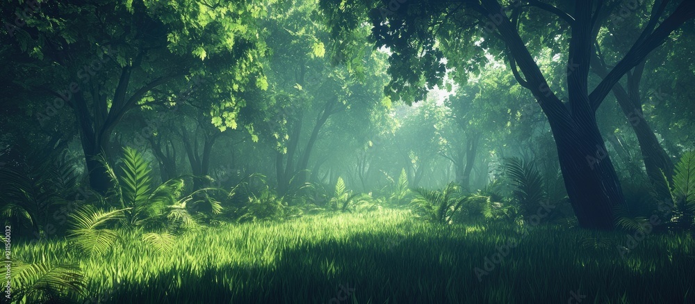 Poster lush green forest landscape with dappled sunlight filtering through dense tree canopies creating a s