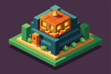 Fototapeta premium A vibrant isometric illustration of a customizable jack-o'-lantern set in a geometrical landscape with greenery, Jack o'lantern Customizable Isometric Illustration
