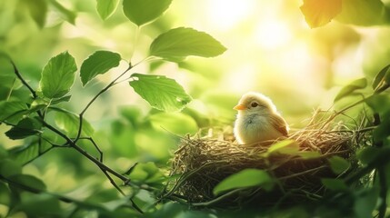 Obraz premium Baby bird in nest, sunlight, leaves, spring, nature, peaceful scene, card design