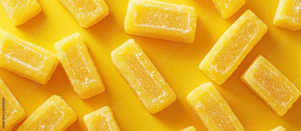 Poster vibrant yellow rectangular candy pieces scattered on a bright yellow background creating a playful a