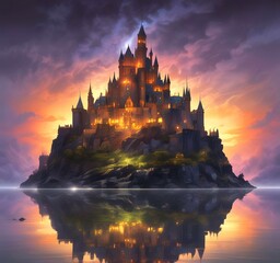 Obraz premium Illustration of glowing mystery tower castle in night.