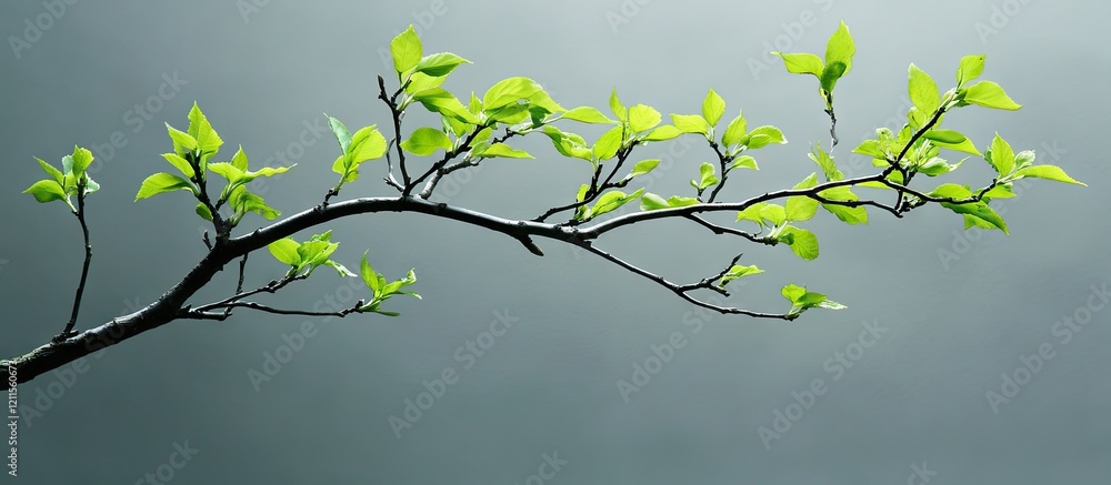 Poster vibrant tree branch with fresh green leaves extending horizontally against a soft gray background cr