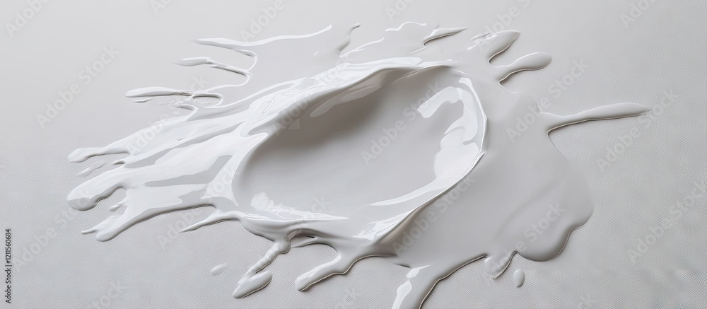 Poster a smooth white puddle of paint on a soft gray background showcasing vibrant reflections and flowing 