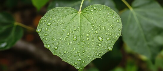 Close-up of a heart-shaped green leaf adorned with dew droplets highlighting intricate textures and a lush natural environment in vivid green hues.