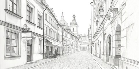 Obraz premium A Pencil Sketch Of A Charming European Street Scene