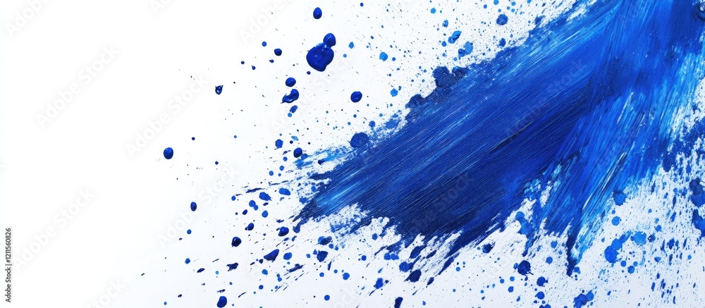 Poster dynamic abstract painting with vibrant blue paint splashes and thick strokes on a white canvas creat