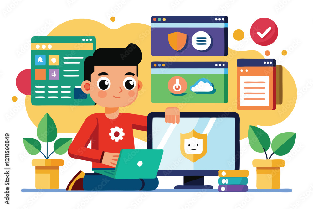 Poster a cartoon character customizes javascript frameworks on a laptop, surrounded by colorful screens and