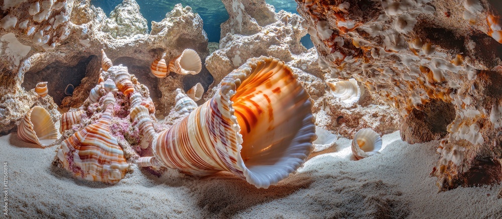 Poster a stunning wide angle view of colorful macro shells in soft sand, featuring intricate patterns and t