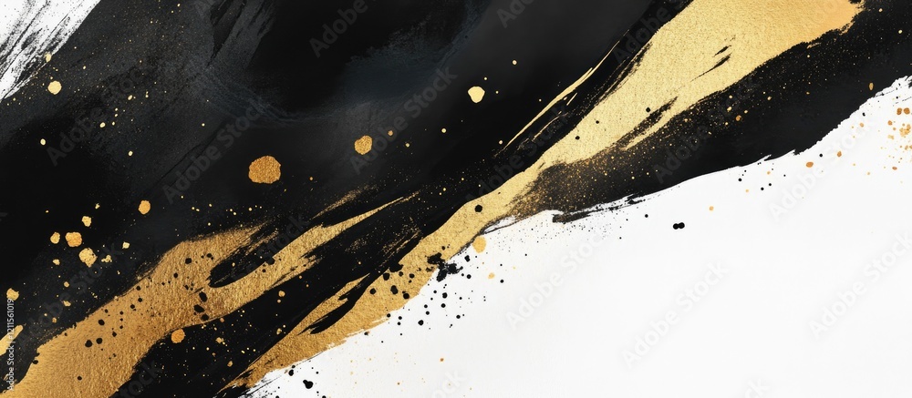 Poster abstract art composition featuring bold black and gold brush strokes on a white background, creating