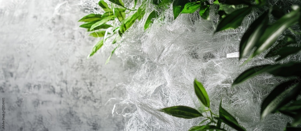 Poster lush green leaves on a textured gray background with soft lighting creating a serene and modern bota