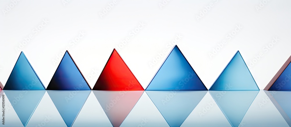 Aufkleber abstract geometric composition featuring blue and red tetrahedrons positioned in a row on a reflecti
