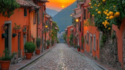 Sunset over a cobblestone street in a charming Italian village, orange buildings, lush greenery, and the warmth of the golden hour.