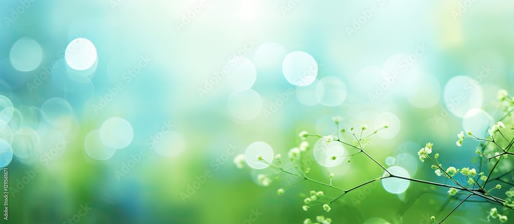 Poster spring bokeh background featuring soft green and blue hues with blurred floral elements in the foreg
