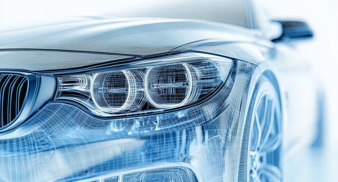 Close-up of a car's headlight and front end, showcasing intricate design details in a wireframe style. - Powered by Adobe