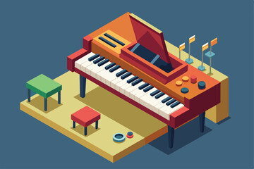 Fototapeta premium A vibrant isometric illustration of a jazz piano, stools, and music stands for a creative musical space, Jazz piano Customizable Isometric Illustration