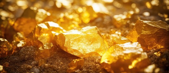 Golden quartz crystals scattered on a textured surface illuminated by warm light showcasing the idea of digital gold mining and valuable insights.