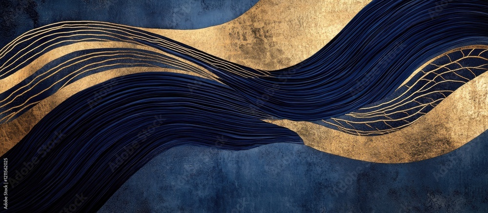 Poster navy blue and gold abstract lines create an elegant wave pattern on a textured background, reflectin