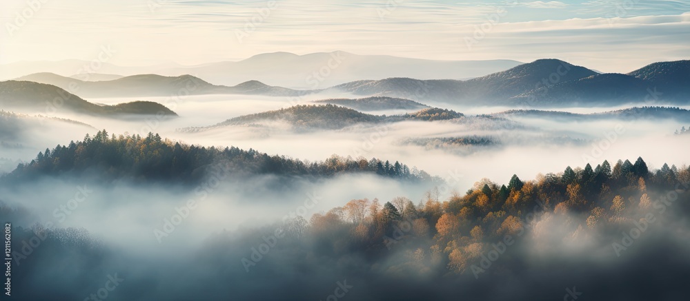 Poster serene misty landscape with rolling hills and layered trees at dawn, featuring soft pastel colors an