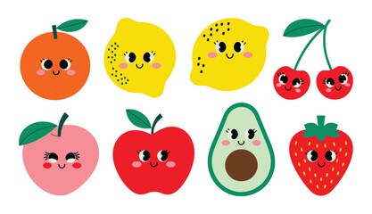 Fruits pins stickers , A set of cute fruits stickers design collectionsimple colorful, flat hand drawn childish doodle style