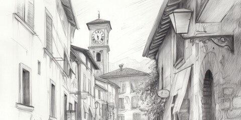 Obraz premium Pencil Sketch of a European Village Street Scene