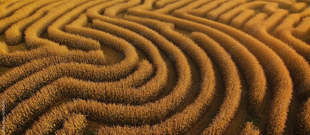 Poster aerial view of golden corn field featuring intricate textured patterns under bright sunlight with wi