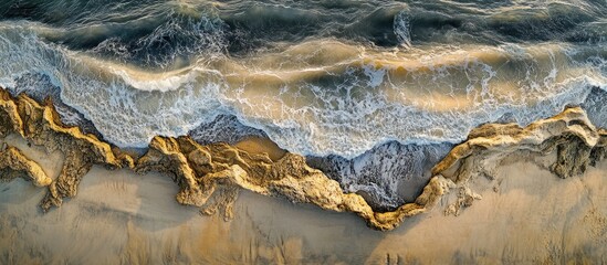 Aerial view of vibrant blue ocean waves crashing against golden sandy shores with intricate...