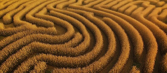 Aerial view of golden corn field featuring intricate textured patterns under bright sunlight with winding rows creating a stunning visual display