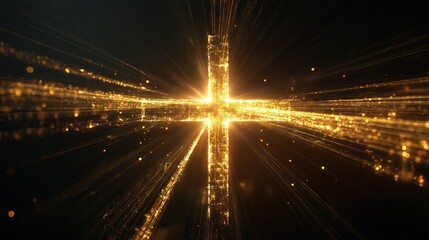 Lighted Cross on dark background with copy space