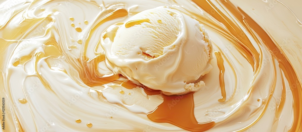 Poster aerial view of creamy vanilla ice cream scoop with golden caramel drizzle set against a light backgr