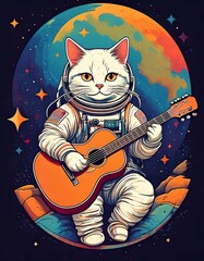 Cat Playing Guitar In The Moon