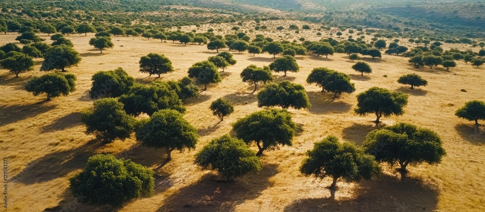 Poster aerial view of lush green argan trees spread across golden steppe landscape with mesmerizing shadows